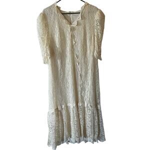 Vintage Gemini Nites XL Cream Lace Dress Neck Ruffle Drop Waist Romantic